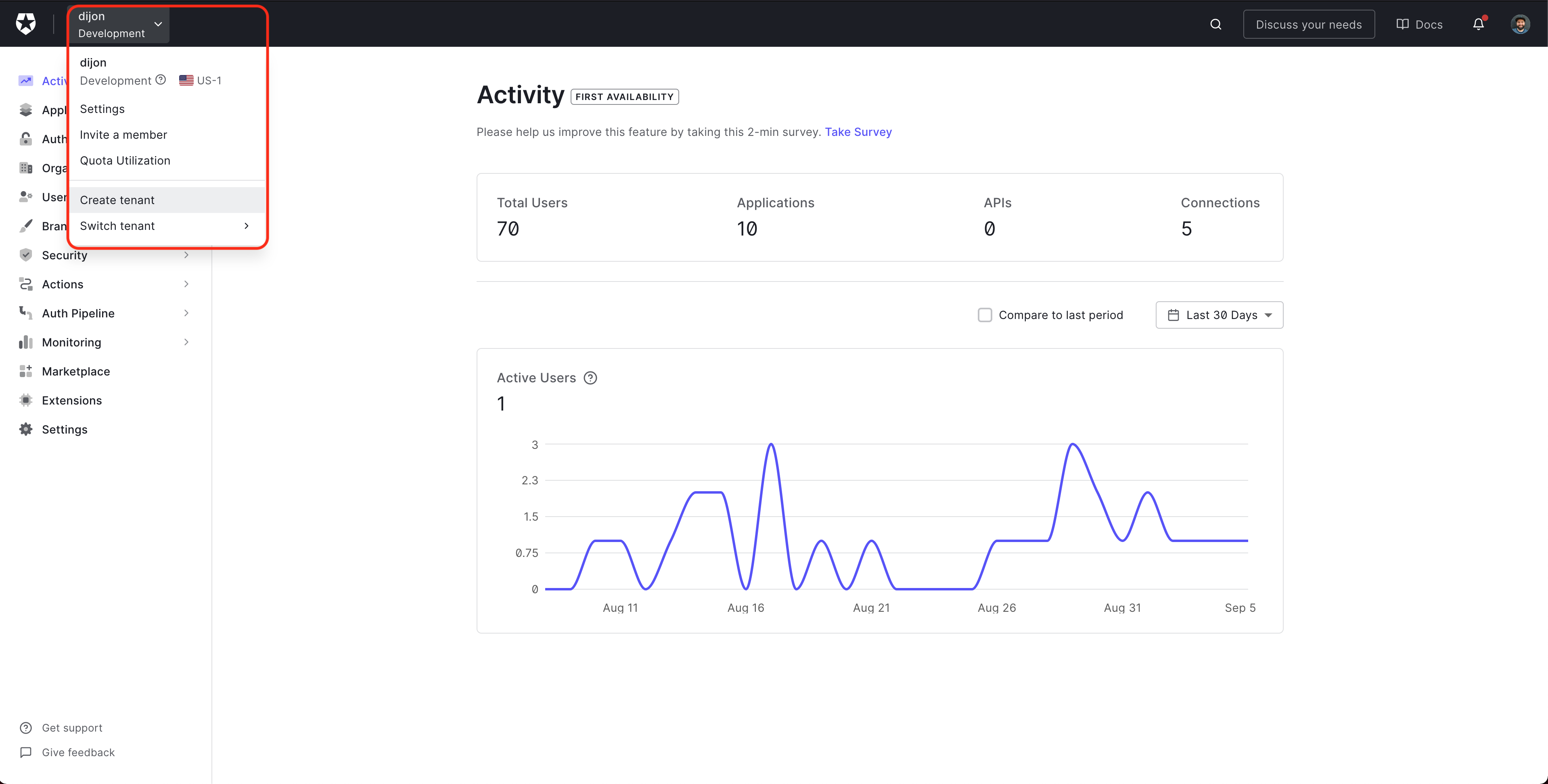 Create tenant from Auth0 dashboard